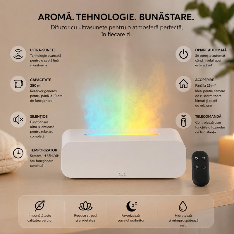 Flame Pick-Up - Difuzor pentru Aromaterapie cu Ultra-Sunete, Telecomanda si jocuri de lumini
