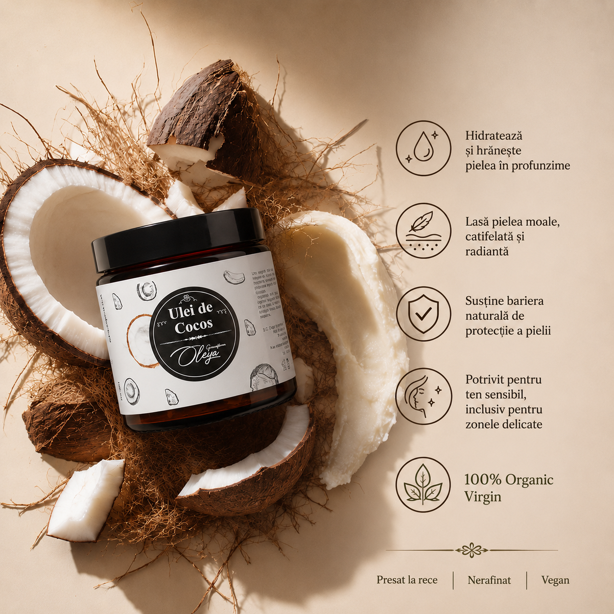 Ulei de Cocos ORGANIC, presat la rece, extravirgin
